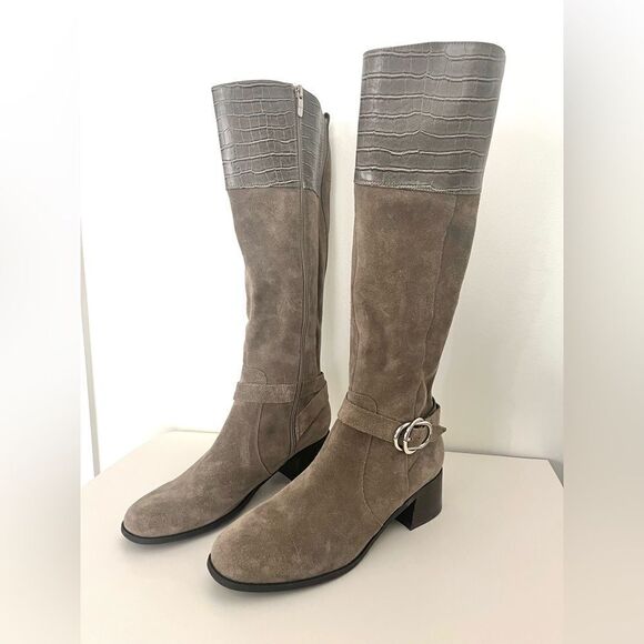 Marc Fisher Wide Calf Croc Embossed Knee High Side Zip Suede Boots Taupe 9, NWOB - Picture 3 of 12